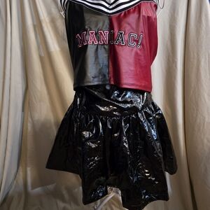 MANIAC! Black and Burgundy Vinyl-Style Skirt Set 2X